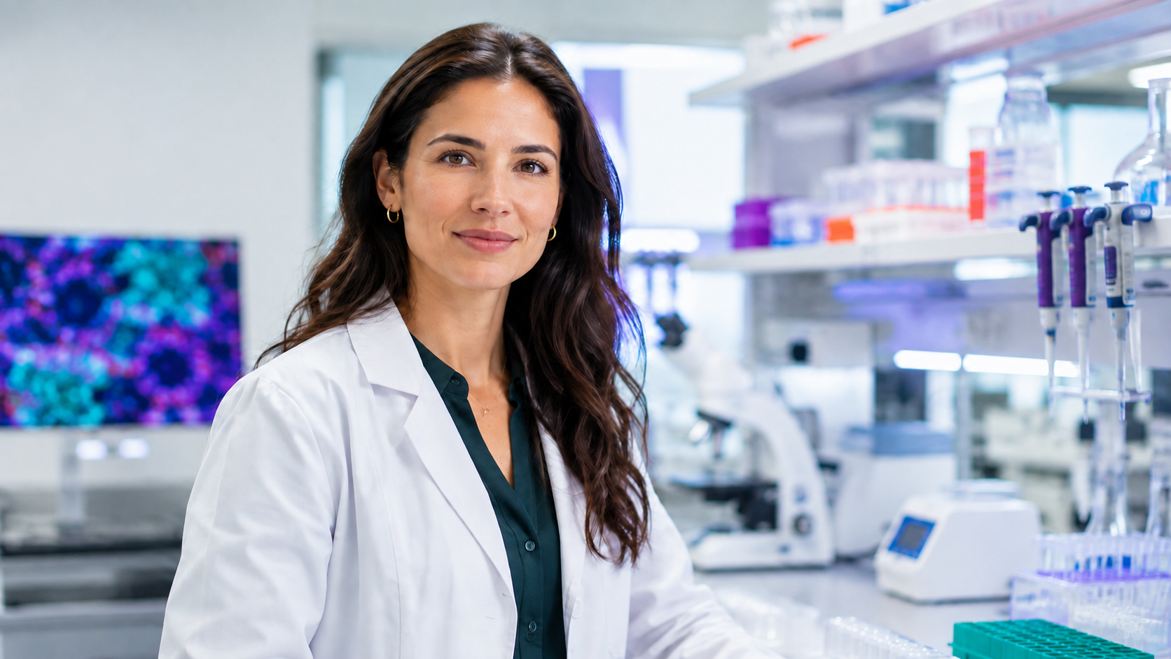 Scientist in a research lab beside imaging displays and pipettes